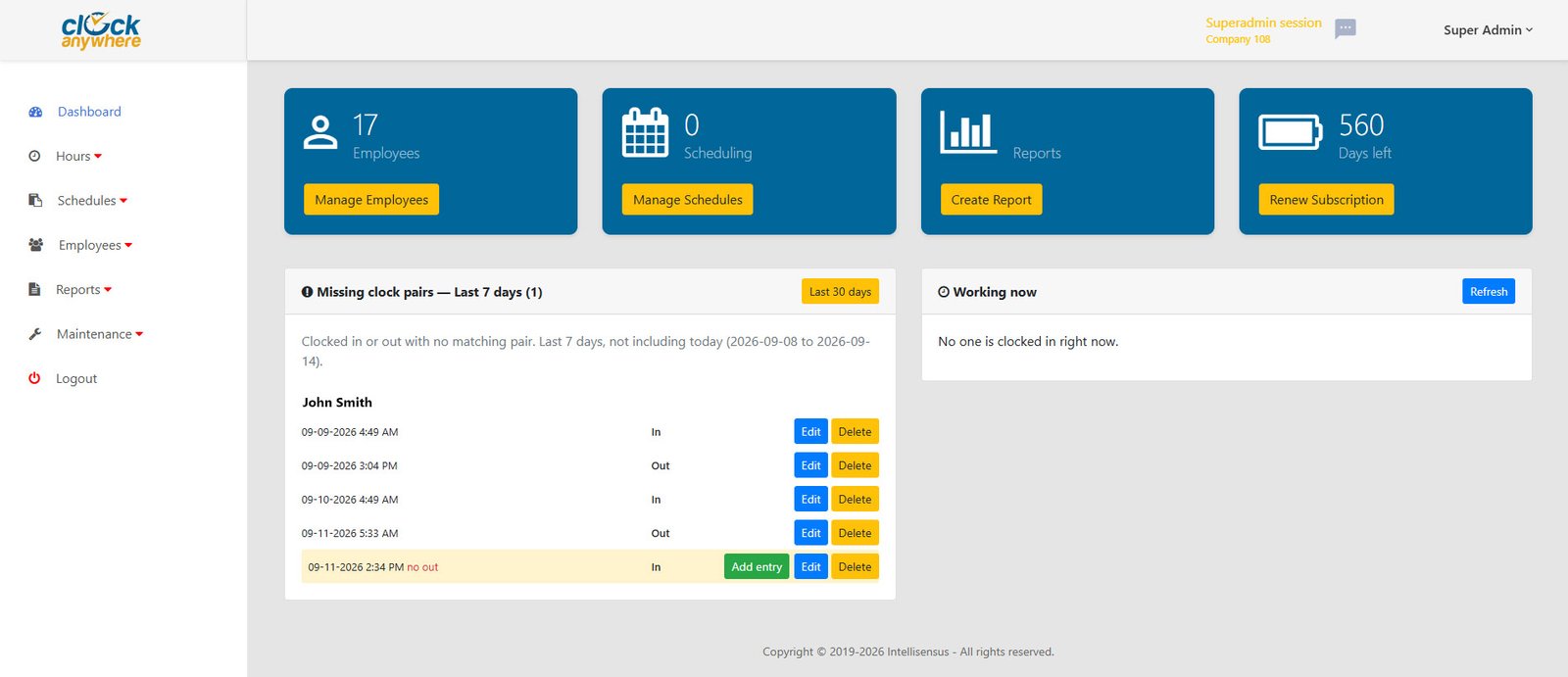 ClockAnywhere admin dashboard with employees, attendance, and reports